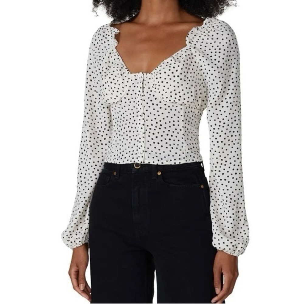 Louna Polka Dot Sweetheart Blouse, long sleeve, button front, crop, medi…